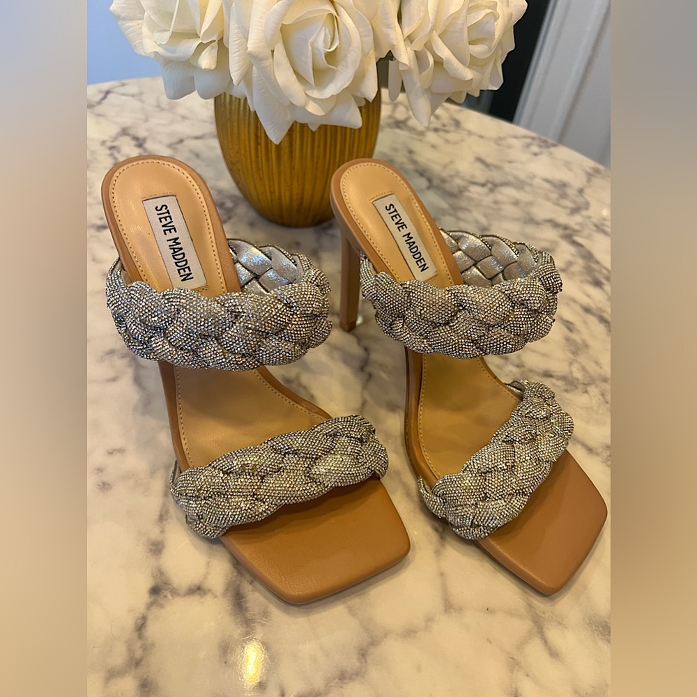 Steve Madden Womens Kenley Silver Slip On Open Toe Dress Sandals Shoes NWT